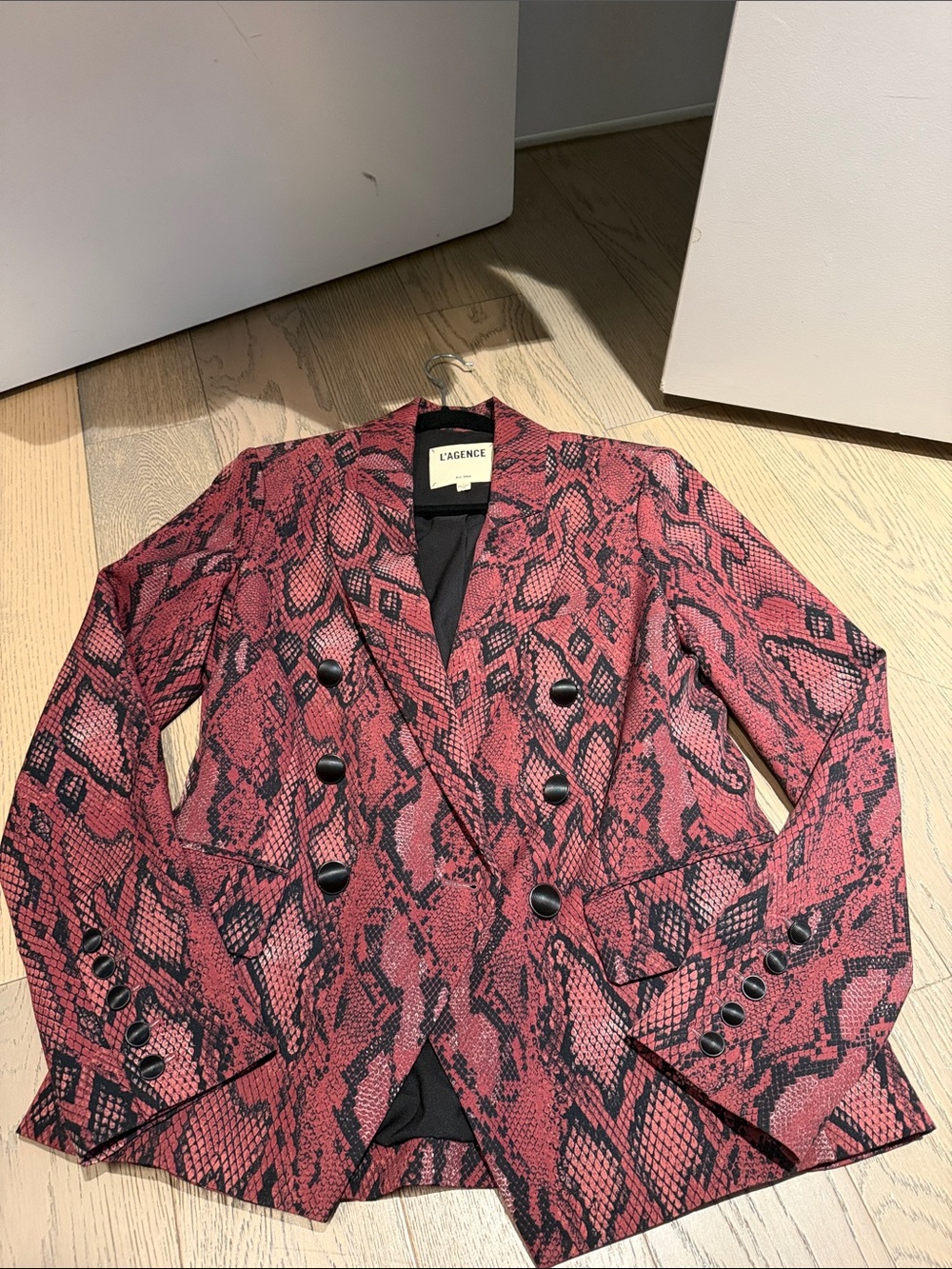 L'AGENCE Pink-Red Snake-Print Double-Breasted Blazer